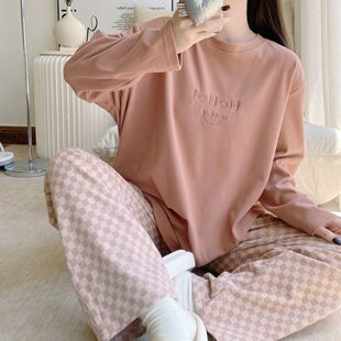 双面磨毛德绒睡衣女秋冬款长袖圆领加厚保暖宽松格子家居服套装