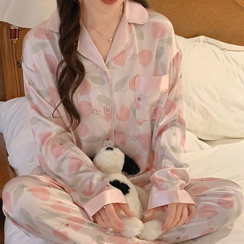 C春秋季ins风睡衣女卡通粉水蜜桃印花冰丝薄款长袖法式家居服套装,运动/瑜伽/健身/球迷用品,广场舞套装,淘宝优惠券,粉丝福利购,淘宝优惠卷