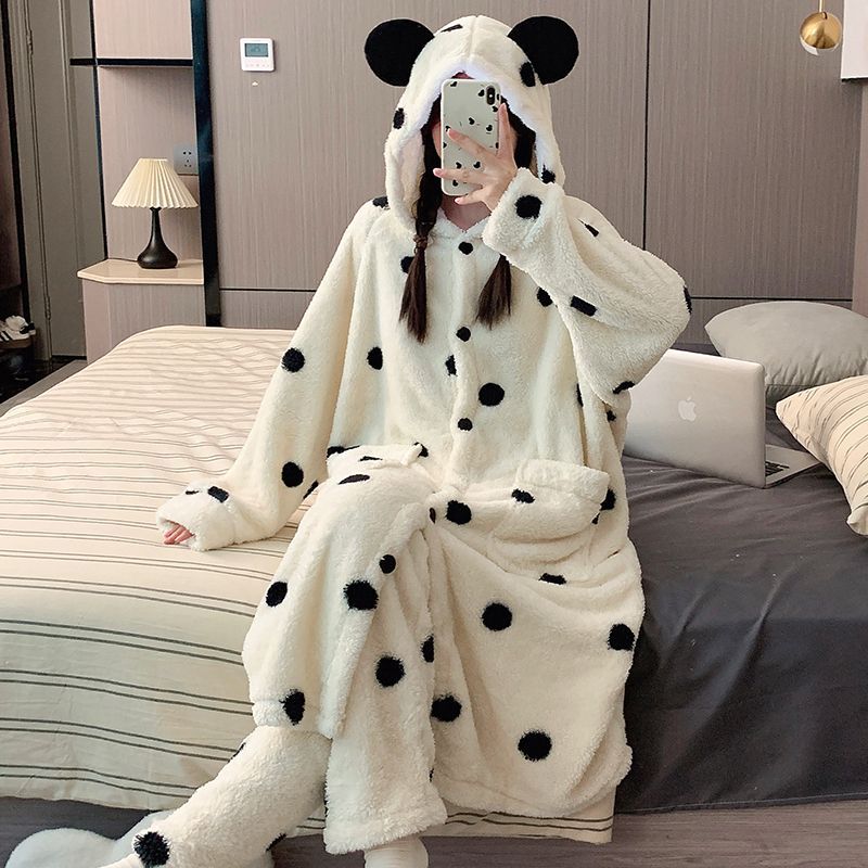 2025秋冬新款珊瑚绒睡衣女加绒加厚连帽睡袍可爱可外穿家居服套装