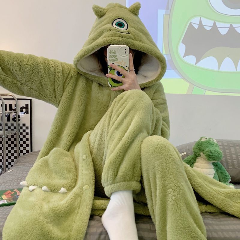 大眼仔冬季睡衣女珊瑚绒加厚可爱卡通可外穿睡袍法兰绒秋冬款套装