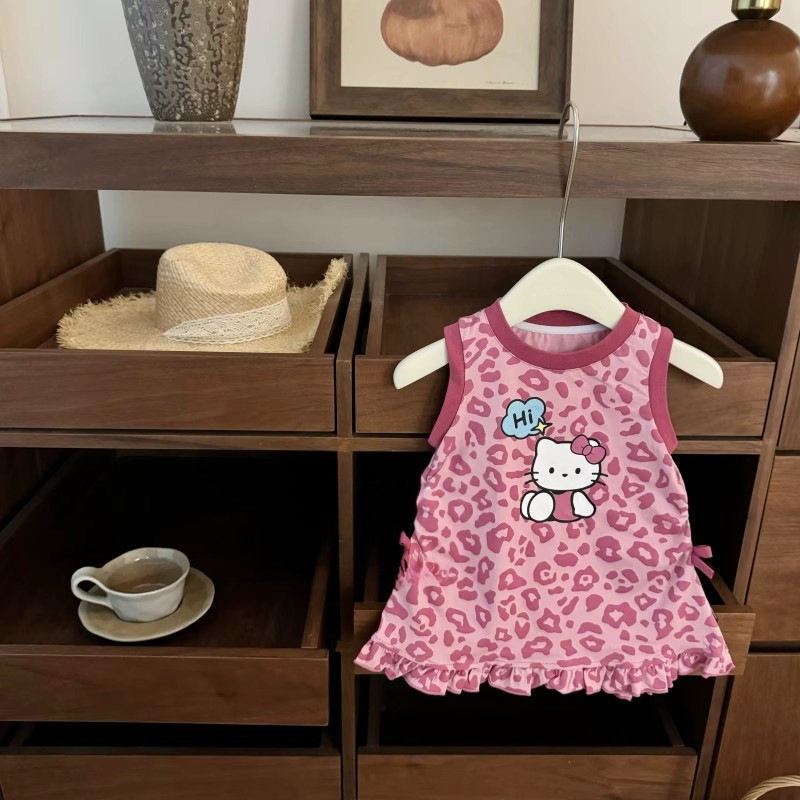 童装连衣裙2025夏季新款女童裙子小粉豹纹猫咪女宝宝蝴蝶结背心裙