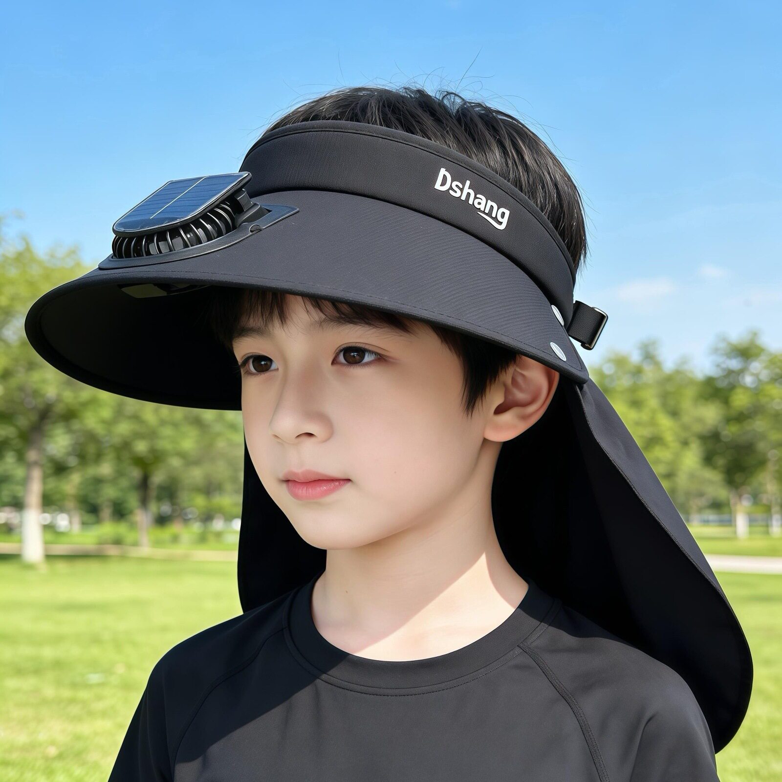2026新款夏季太阳能小风扇款披肩帽加长檐防晒遮阳帽子简约纯色款