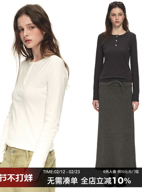 CountryMoment亨利领正肩修身弹力长袖T恤女春纯色百搭打底衫上衣