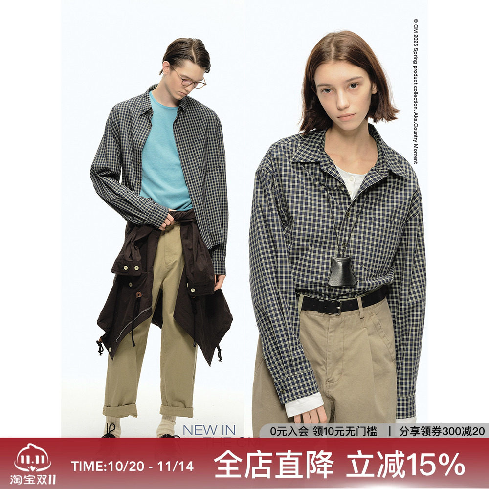 CountryMoment 春季复古短款格子长袖衬衫男女Cleanfit休闲衬衣