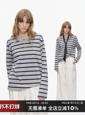 CountryMoment【男女同款】亨利领美式复古条纹长袖T恤宽松上衣秋