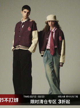 CountryMoment 美式复古拼色棒球服开衫毛衣男女秋冬情侣针织外套
