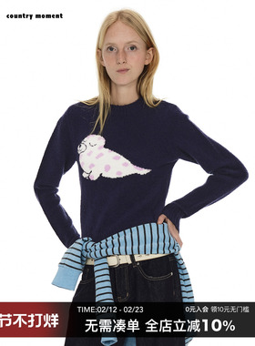 CountryMoment 萌趣海豹提花针织衫修身小版型圆领套头毛衣女冬