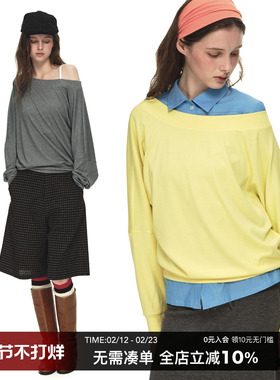 CountryMoment【三穿切换】斜肩/一字肩/荡领蝙蝠袖宽松长袖T恤女