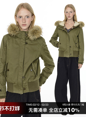 countrymoment保暖毛领短外套女收腰美式复古工装夹克冬绿色棉服