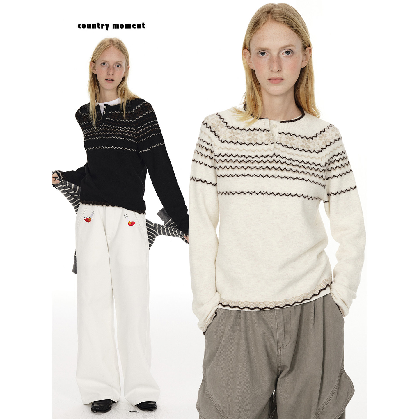 countrymoment羊毛混纺/费尔岛毛衣女复古针织衫上衣毛