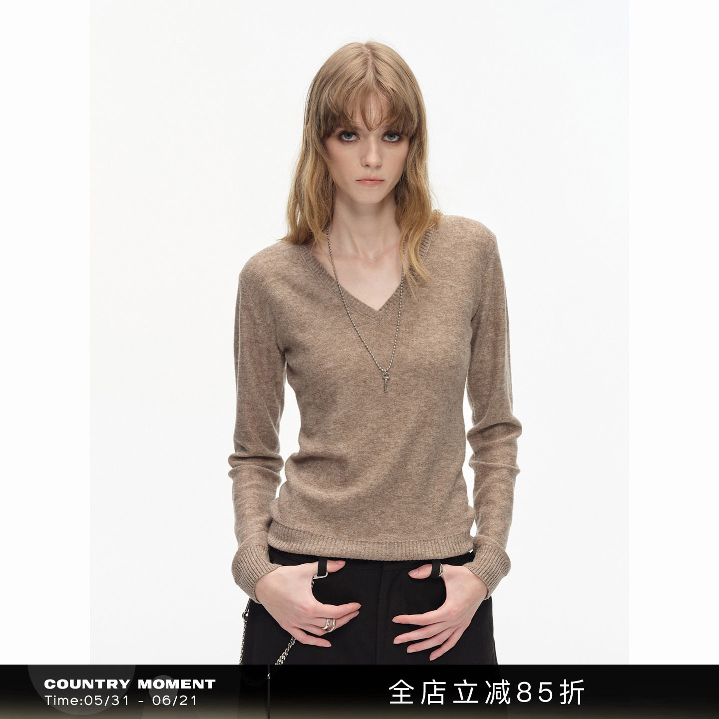 CountryMoment羊毛混纺紧身V领针织衫外套女春美式打底内搭毛线衣