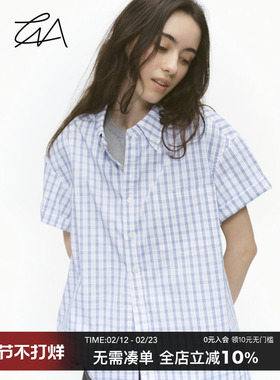 CountryMoment 美式复古蓝色格纹衬衫男女宽松短袖cleanfit衬衣夏