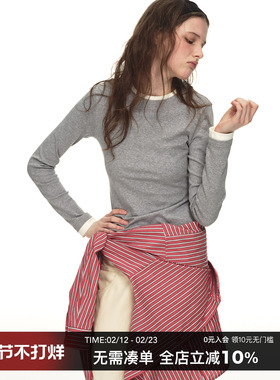 CountryMoment假两件针织圆领长袖T恤女春灰色修身打底衫正肩上衣