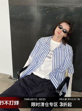 CountryMoment 美式复古皱感肌理蓝色条纹短袖衬衫男女休闲短衬衣