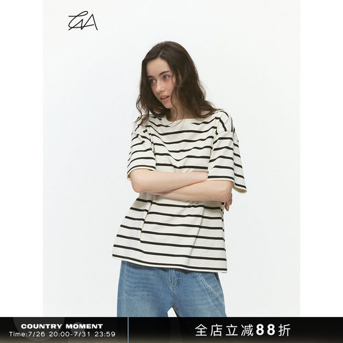 CountryMoment 250G重磅黑白条纹短袖男夏美式宽松复古T恤女体恤