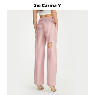 设计感长裤 女夏季 SeiCarinaY鱼骨纹爱心镂空直筒休闲裤 子 5折