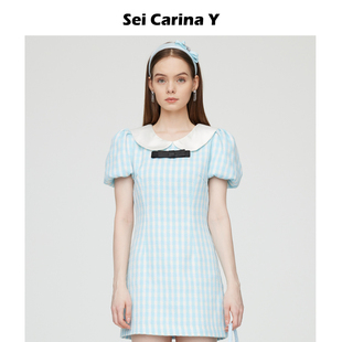 连衣裙时尚 Y娃娃领格子呢短袖 甜美气质小众复古A字裙 Carina Sei