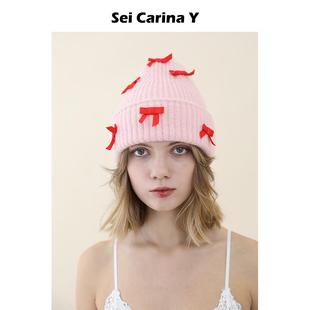 新款 Sei 饰加厚毛线帽女冬季 Y撞色蝴蝶结装 可爱甜美针织帽 Carina