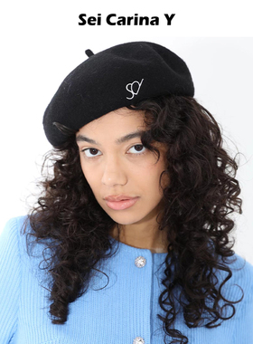 [5折]Sei Carina Y logo刺绣羊毛贝雷帽女秋冬小众黑色画家帽子