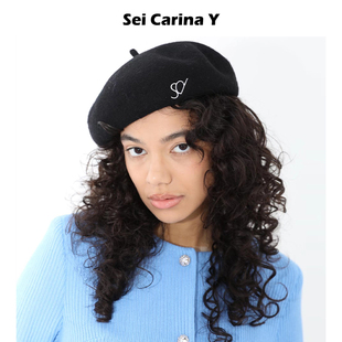 Carina Sei logo刺绣羊毛贝雷帽女秋冬小众黑色画家帽子 5折