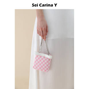 手提包包 Sei Carina Y小号皮质蝴蝶结装 饰格纹公主包女甜美新款