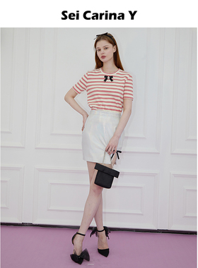 Sei Carina Y蝴蝶结钻扣条纹短袖t恤女夏甜美新款设计感小众上衣