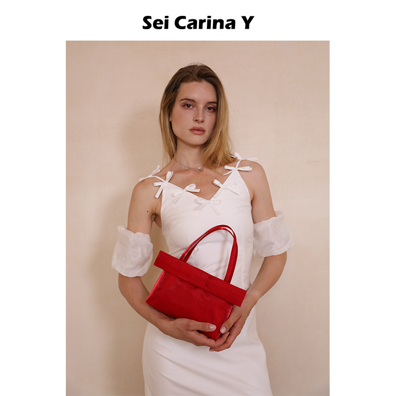 Sei Carina Y长方形亮光缎面公主包手提包女蝴蝶结甜美可爱手拎包