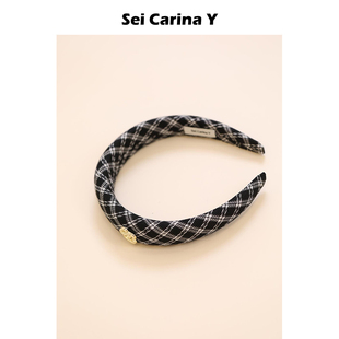 Sei Carina Y花朵扣黑白格纹发箍女高颅顶不勒头百搭发饰头箍新款