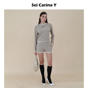 Carina 简约新款 7折 女夏修身 套装 Y假两件logo长袖 Sei 上衣短裤