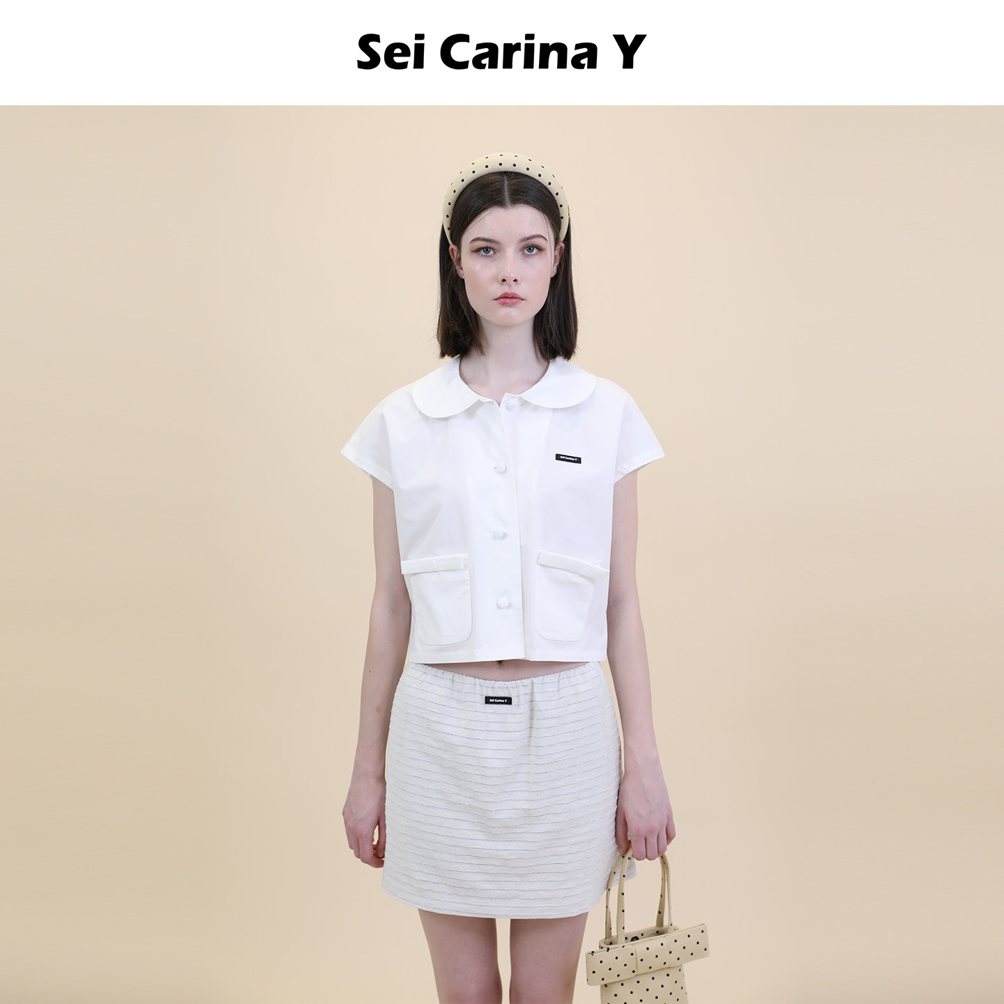 Sei Carina Y娃娃领短款白色短袖衬衫上衣宽松气质纽扣甜美百搭女