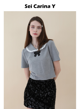 [6折]Sei Carina Y娃娃领花边短袖上衣女新款小众设计高级感T恤