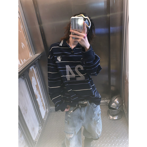 阿荒与阿卤*美式复古运动风宽松条纹数字印花25年秋新品卫衣翻领