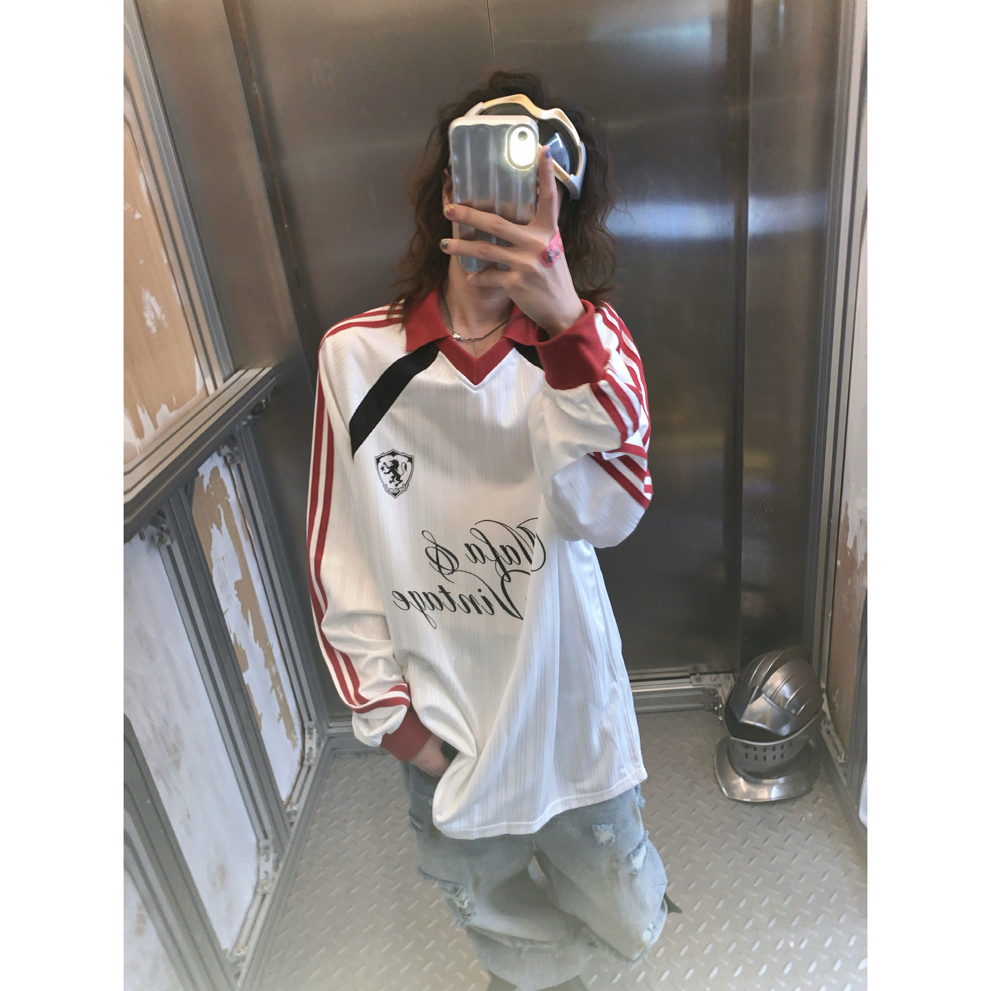 阿荒与阿卤*美式风球衣数字印花经典复古v领运动宽松情侣长袖T恤