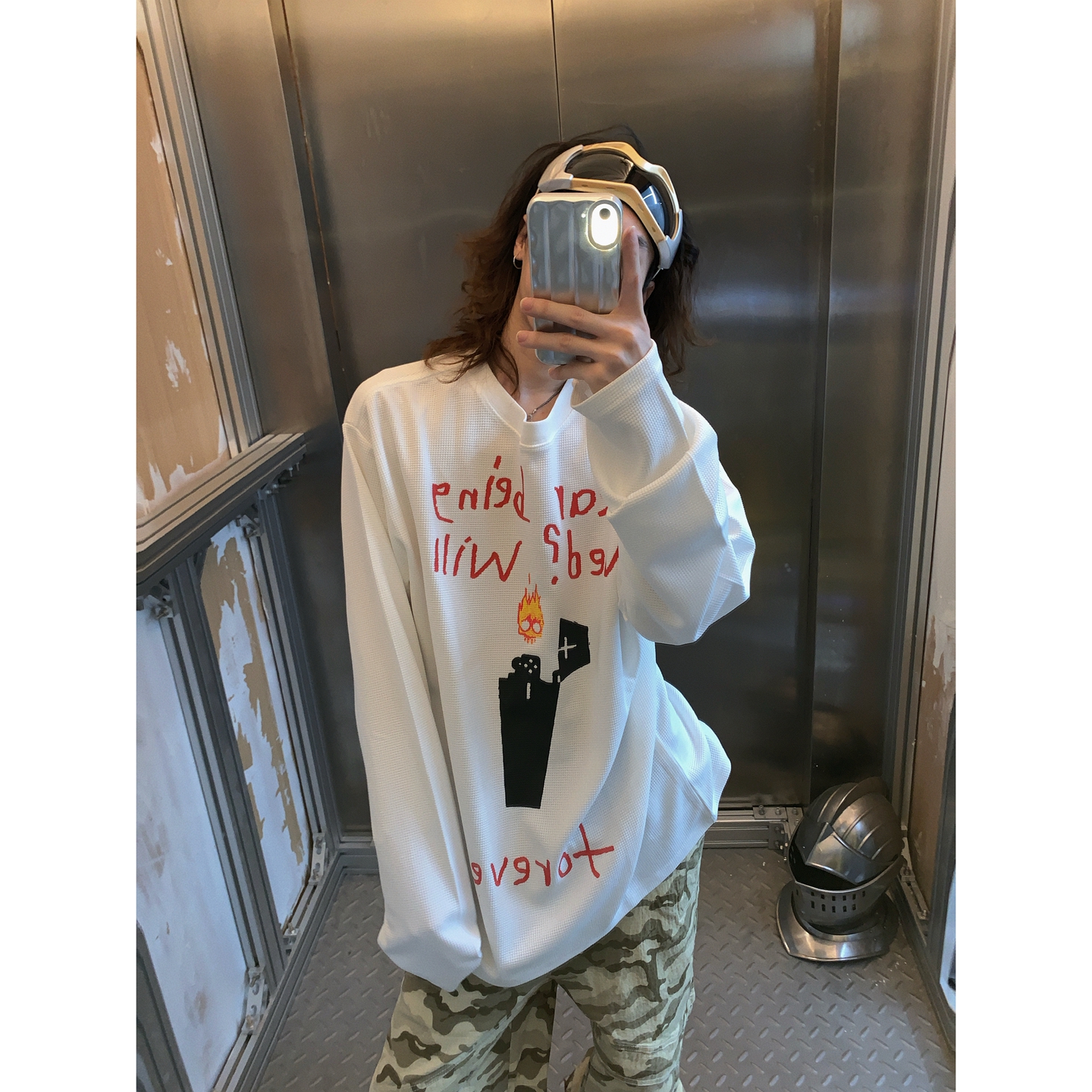 阿荒与阿卤*美式复古E：boi的生活火机人印花标语慵懒长袖T恤