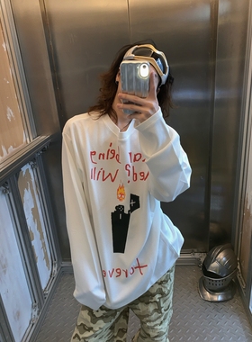 阿荒与阿卤*美式复古E：boi的生活火机人印花标语慵懒长袖T恤