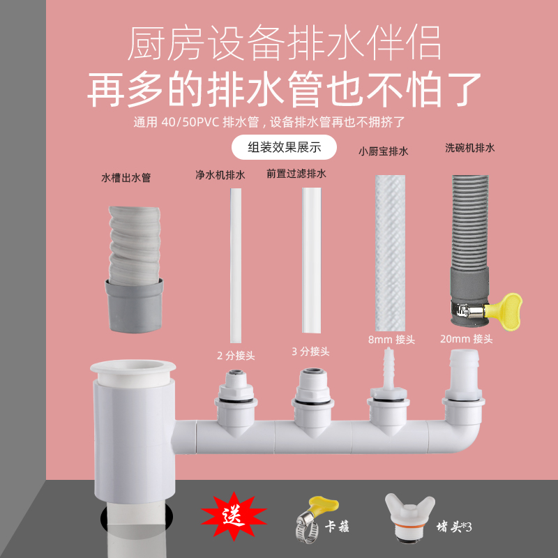 厨房水槽净水器洗碗机小厨宝洗衣机下水管道排水管二合一接头三通 家装主材 水槽下水器 原图主图