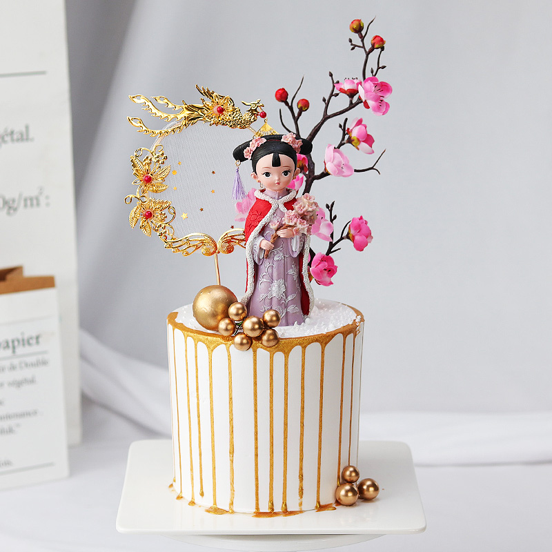 饰花枝蛋糕插g件 中国风贺花生日蛋糕装梅烘焙插旗 木棉寿花开