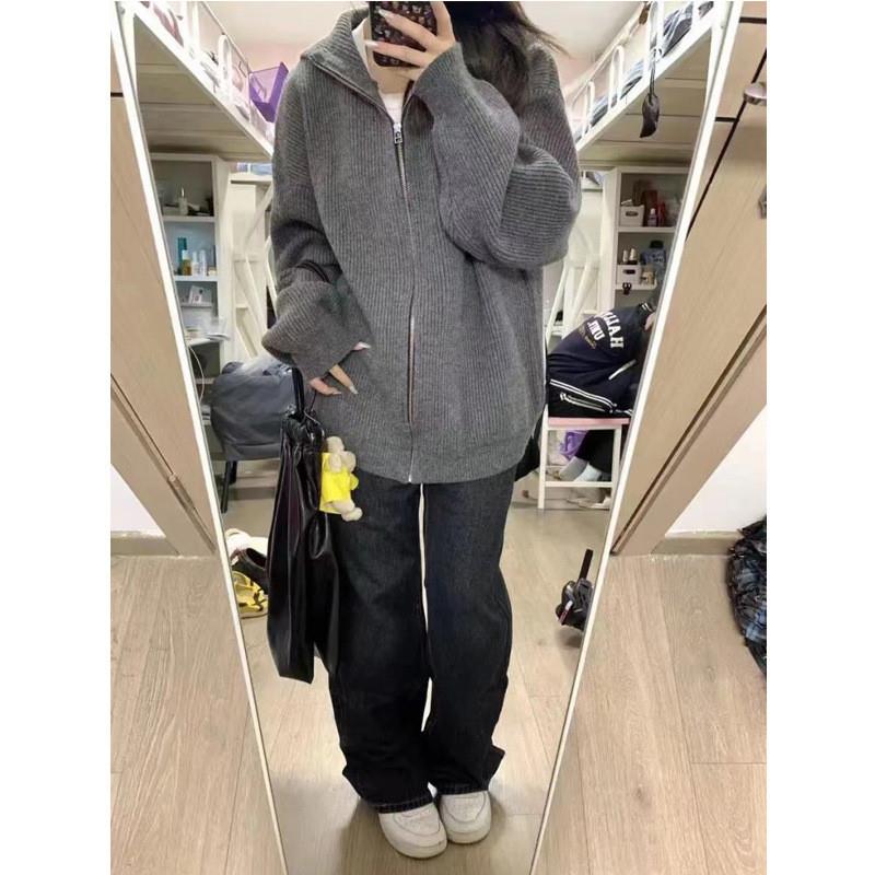 韩版灰色连帽针织开衫女秋冬新款慵懒风宽松毛衣外套百搭拉链上衣