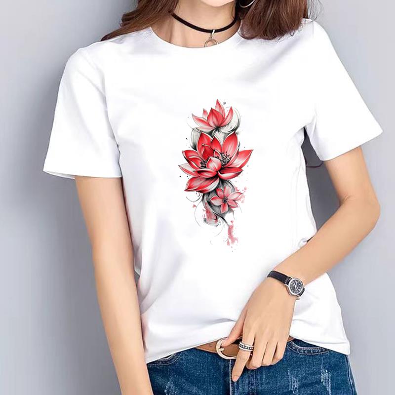 羽毛可爱通勤洋气印花网红爆款上衣女圆领INS爆款休闲通勤短袖T恤
