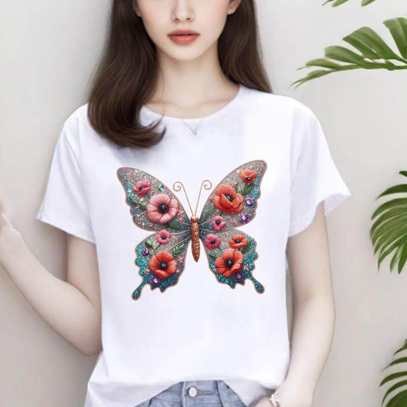 蝴蝶青年爆款韩版网红女INS印花打底衫短袖T恤休闲圆领通勤上衣
