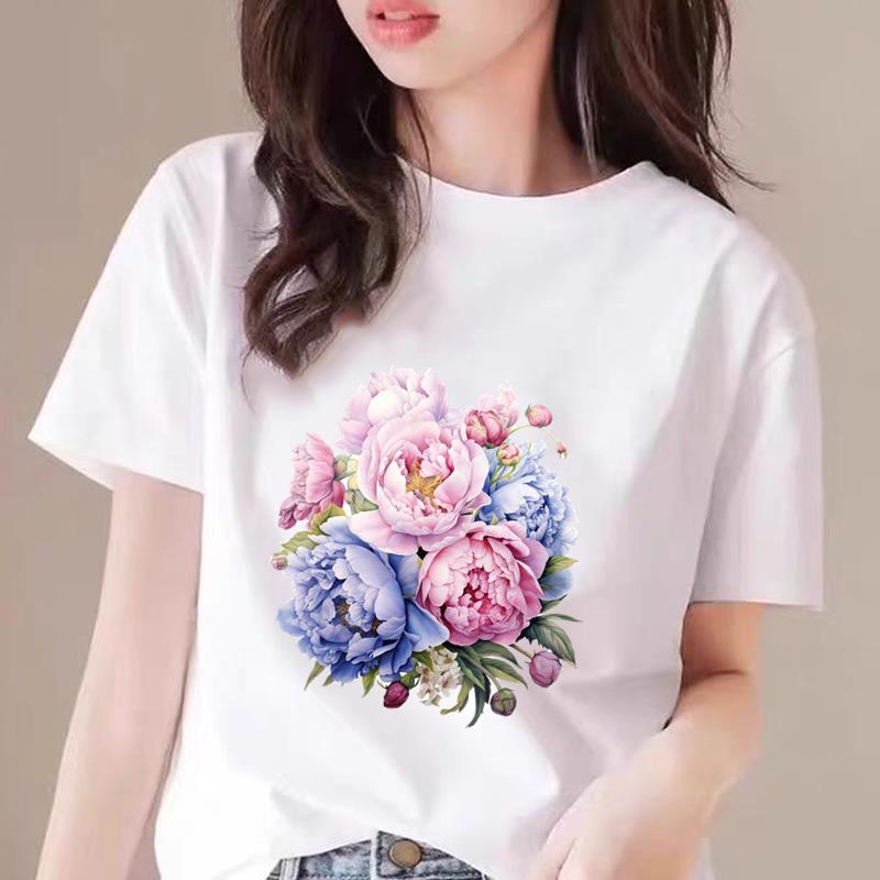 爆款休闲印花通勤洋气花朵花卉上衣洋气可爱INS通勤女圆领短袖T恤