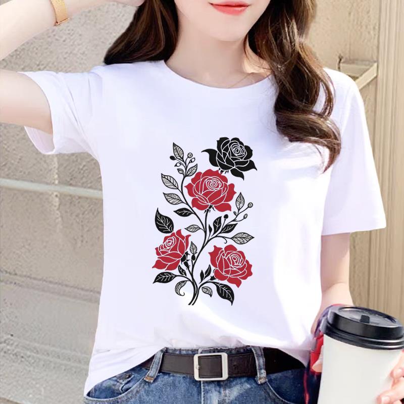 女T恤休闲INS印花韩版网红花朵花卉圆领爆款打底衫短袖通勤上衣