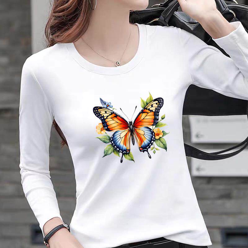 印花外穿通勤流行网红女休闲时尚新款爆款蝴蝶卡通圆领长袖T恤