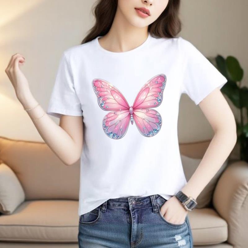 上衣爆款韩版网红女INS印花休闲个性蝴蝶圆领通勤打底衫短袖T恤