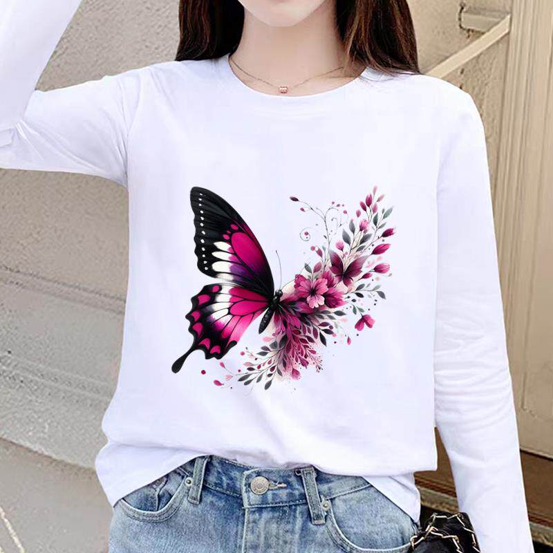 蝴蝶外穿新款爆款圆领印花休闲通勤洋气女秋冬春季网红ins长袖T恤