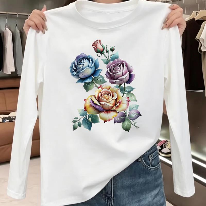 花朵个性休闲通勤洋气网红爆款新款印花女秋冬春季圆领ins长袖T恤