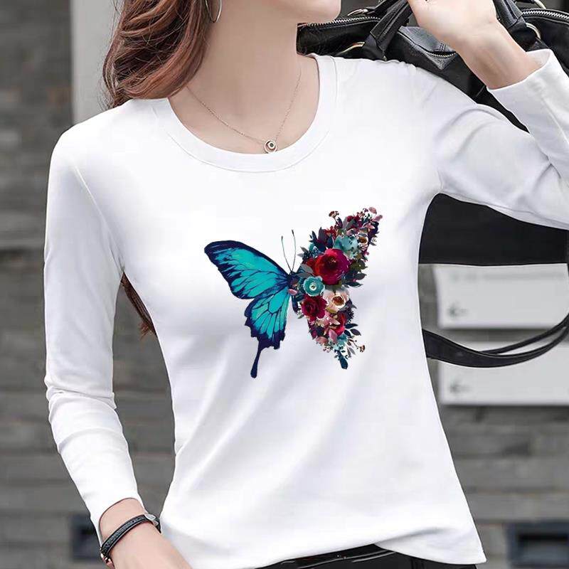 印花外穿通勤流行网红女花朵蝴蝶休闲时尚新款爆款圆领长袖T恤