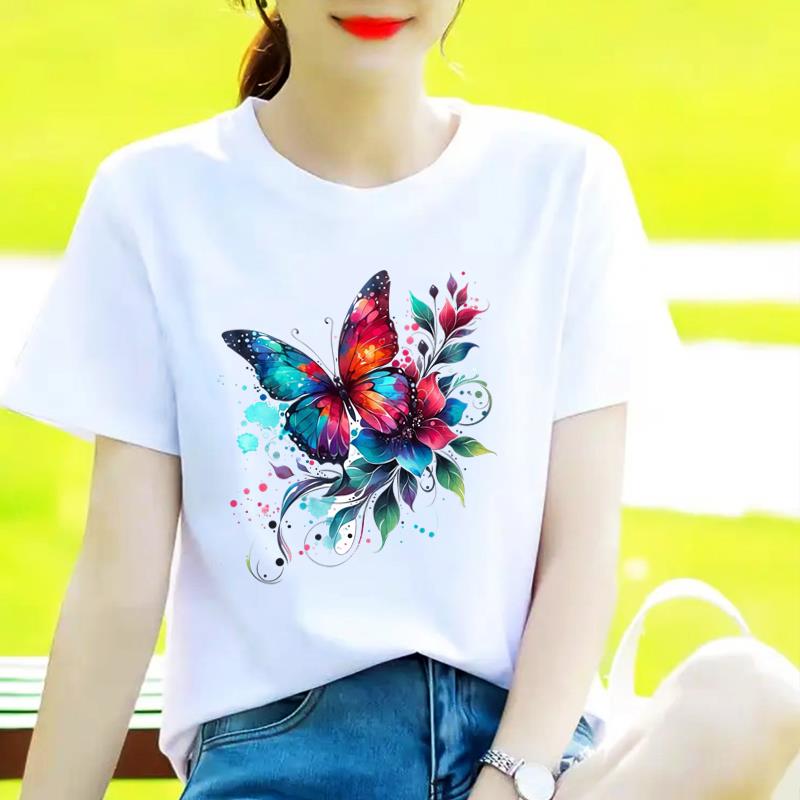 韩版网红女T恤休闲圆领爆款INS印花个性蝴蝶打底衫短袖通勤上衣