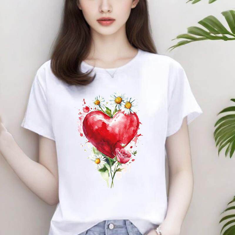 心形花卉爆款韩版网红女INS印花打底衫短袖T恤休闲圆领通勤上衣