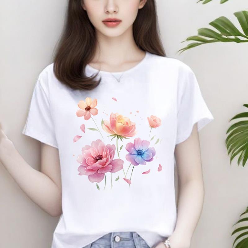 花朵气质爆款韩版网红女INS印花打底衫短袖T恤休闲圆领通勤上衣